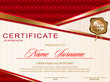certificate horizontal, asymmetric in a modern, elegant geometric style, red and gold color with gold wax seal