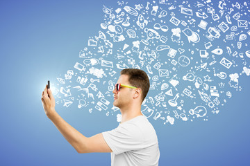 Aufkleber - Man using smartphone with sketch