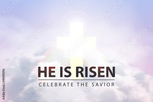 Fotografía Vector realistic isolated religious poster with He Is Risen text for decoration and covering on the sky background with clouds and sunrise