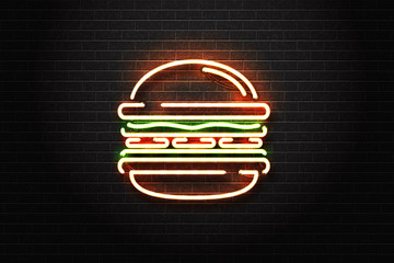 Wall Mural - Vector realistic isolated neon sign of burger logo for decoration and covering on the wall background. Concept of fast food, cafe and restaurant.