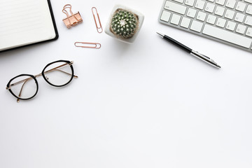 business table top with mock up office supplies on white background.flat lay design.