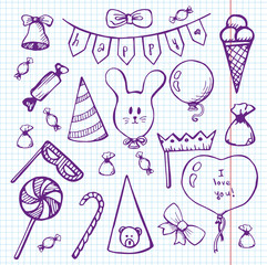 Wall Mural - Balloons and gifts on a notebook. Vector illustration in a sketch style