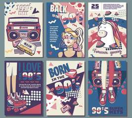 Poster - Memphis cards with geometric elements and retro illustrations. Set of vector banners in trendy 80s-90s memphis style. cover design, advertising, poster and greeting card. graphic tee and printed tee