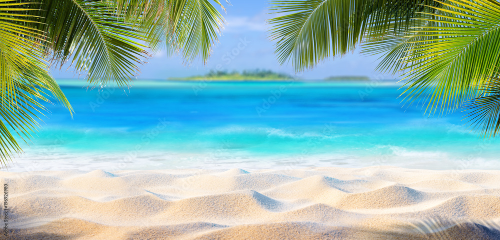 Tropical Sand With Palm Leaves And Paradise Island 
 - obrazy, fototapety, plakaty 