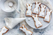 Glazed Easter Cookies In The Form Of Bunnies.