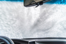 Windshield Of Car In Soap. Car Wash Concept. View From Inside