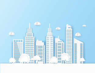 Wall Mural - White paper skyscrapers and trees. Achitectural building in panoramic view. Modern city skyline building industrial paper art landscape skyscraper offices. Vector Illustration