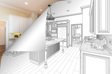 Wall Mural - Kitchen Drawing Page Corner Flipping with Photo Behind