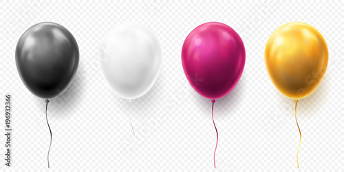 Fotomural Realistic glossy golden, purple, black and white balloon vector illustration on transparent background
