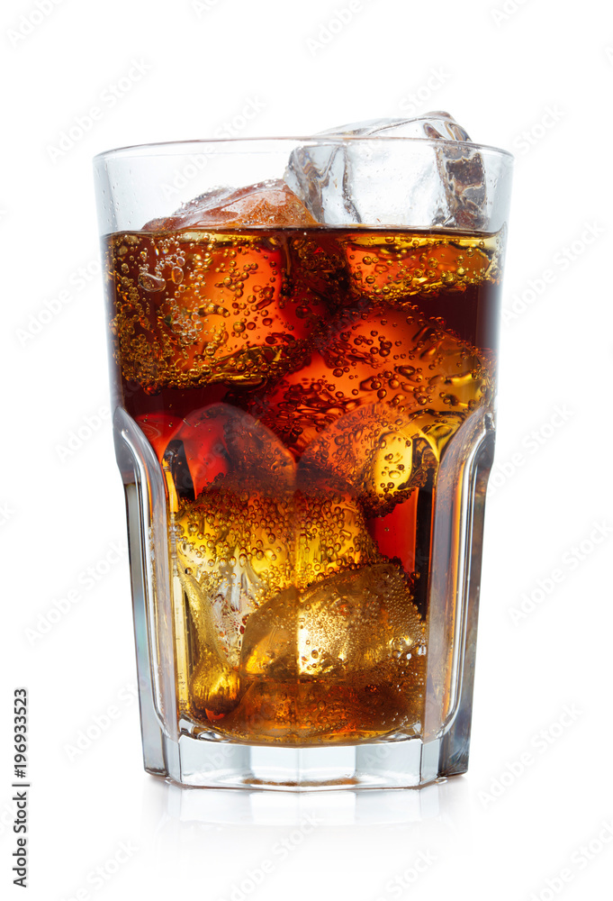 single glass of cola with ice isolated on white background - obrazy, fototapety, plakaty 