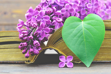 Wall Mural - Happy Mothers Day card with heart shaped leaf and lilac flower