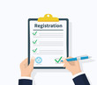 Man hold Registration clipboard with checklist. Man hold in hand clipboard agreement. Flat design, vector illustration on background.