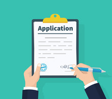 Application Form. Man With Clipboard In His Hand Fills In The Form Of Employment. Write Documents. Analyzing Personnal Resume. Flat Design, Vector Illustration On Green Background.
