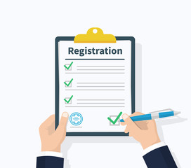 man hold registration clipboard with checklist. man hold in hand clipboard agreement. flat design, v
