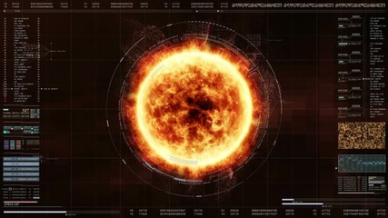 Fototapete - Hi-tech user interface head up display Sun Solar Flare corona Particles ejection and information telemetry for digital background computer desktop screen display