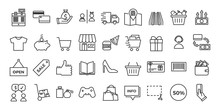 Icons Related With Commerce, Shops, Shopping Malls, Retail. Vector Illustration Thin Line Design Set