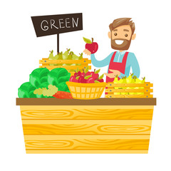 Poster - Young caucasian white worker of grocery store standing in the section with vegetables and fruit. Male seller offering fresh organic food. Vector cartoon illustration isolated on white background.