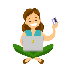 Sticker - Caucasian white woman sitting on the floor with a laptop computer and holding credit card in hand. Woman buying things online. Vector cartoon illustration isolated on white background. Square layout.