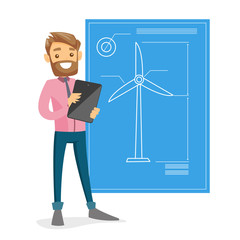 Wall Mural - Caucasian white engineer projecting a wind turbine project on a tablet. Renewable energy and environmental protection concept. Vector cartoon illustration isolated on white background. Square layout.