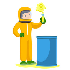 Poster - Young caucasian white scientist in radiation protective suit standing next to the barrel and holding a test tube with radioactive liquid. Vector cartoon illustration isolated on white background.