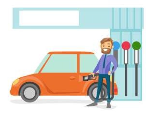 Wall Mural - Young caucasian white businessman in suit filling up fuel into the car at the gas station. Hipster man with beard refueling a car. Vector cartoon illustration isolated on white background.