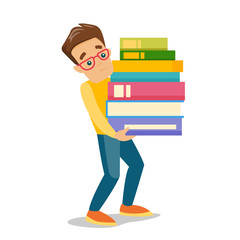 Wall Mural - Young caucasian white tired college student carrying a heavy pile of books. University student walking with huge stack of books. Vector cartoon illustration isolated on white background. Square layout