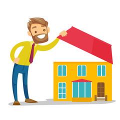 Sticker - Young caucasian white man looking for a new house. Hipster businessman opening the roof and inspecting the house before buying. Vector cartoon illustration isolated on white background. Square layout.