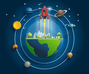 Wall Mural - Paper art style of rocket flying over the earth, start up concept, flat-style vector illustration.