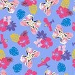 flower hibiscus and flying butterflies Seamless tropical pattern
