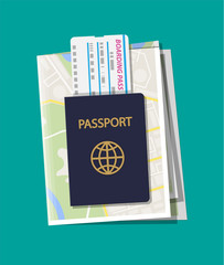 Poster - Folded paper city map, boarding pass and passport