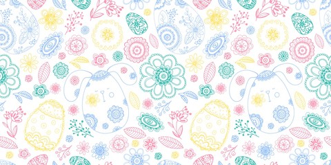 Wall Mural - Happy Easter doodle seamless pattern with egg, flower, rabbit