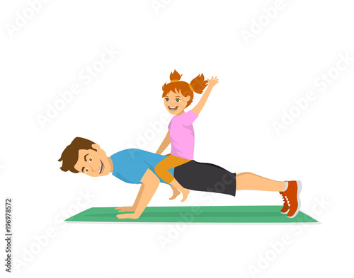 Juliste daddy and child haveing fun training together, happy cheerful father doing push