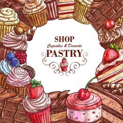 Sticker - Vector pastry shop sketch desserts cakes poster