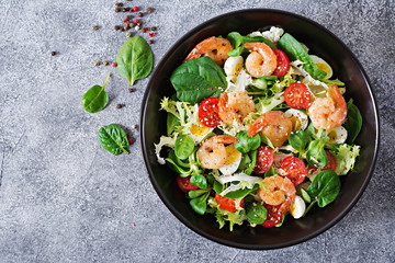 Wall Mural - Healthy salad plate. Fresh seafood recipe. Grilled shrimps and fresh vegetable salad and egg. Grilled prawns. Healthy food. Flat lay. Top view