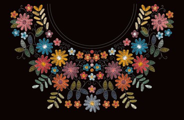 Wall Mural - embroidery neckline floral pattern. beautiful colorful flowers and leaves. ethnic ornament. embroide