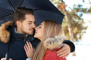 Poster - Young romantic couple with umbrella in park