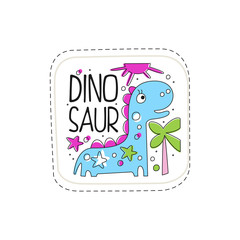 Poster - Dinosaur patch badge, cute cartoon animal sticker hand drawn vector Illustration on a white background