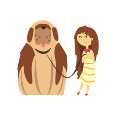 Sticker - Little girl walking with big brown dog, cute pet with its owner vector Illustration on a white background