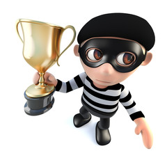 Wall Mural - 3d Funny cartoon burglar thief character holding a gold cup trophy