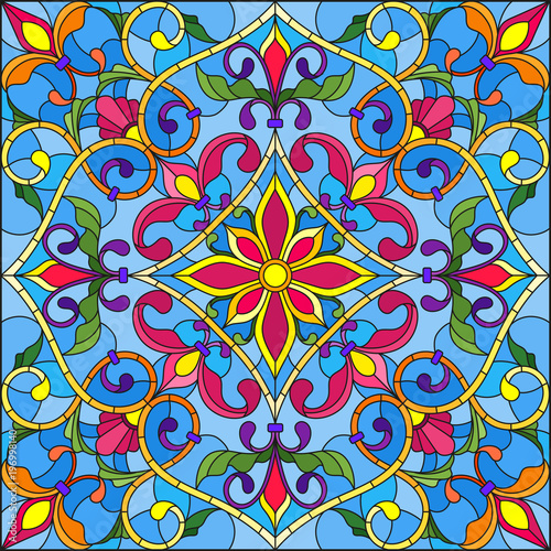 ilustracja-w-stylu-witrazu-kwadratowy-obraz-lustra-z-kwiatowymi-ornamentami-i
