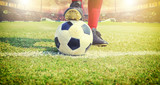 Fototapeta Sport - soccer or football player standing with ball on the field for Kick the soccer ball at football stadium,Soft focus