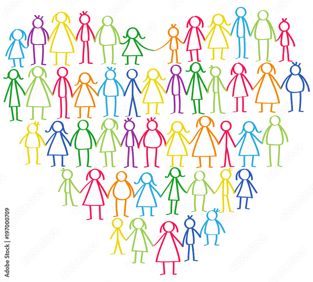 Vector illustration of colorful male and female stick figures standing in  shape of heart symbol holding hands isolated on white background Stock  Vector | Adobe Stock, image size:1000x900