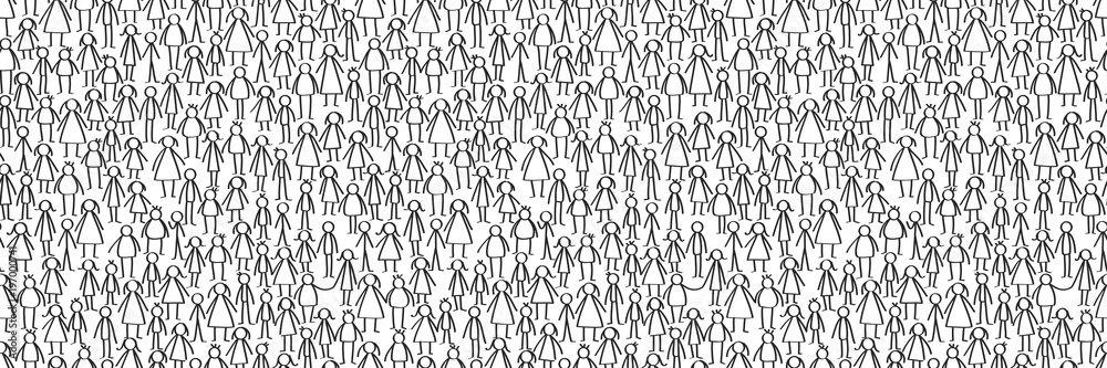 Vector illustration of black male and female stick figures horizontal banner repeating seamless pattern isolated on white background - obrazy, fototapety, plakaty 
