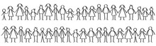Vector Illustration Of Black Male And Female Stick Figures Standing In Rows Holding Hands Isolated On White Background