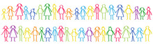 Vector Illustration Of Colorful Male And Female Stick Figures Standing In Rows Holding Hands Isolated On White Background