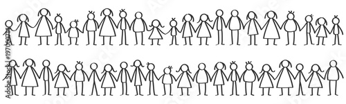 Fotografía Vector illustration of black male and female stick figures standing in rows hold