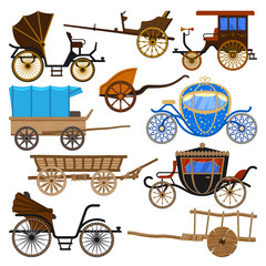  Carriage vector vintage transport with old wheels and antique transportation illustration set of royal coach and chariot or wagon for traveling isolated on white background