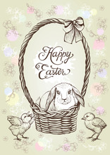 Easter Vintage Vector Card. Hand Drawn Rabbit In The Basket With Bow And Chickens.