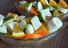 Sliced Fruit Bananas Oranges Pears In Salad Bowl For Vitamin