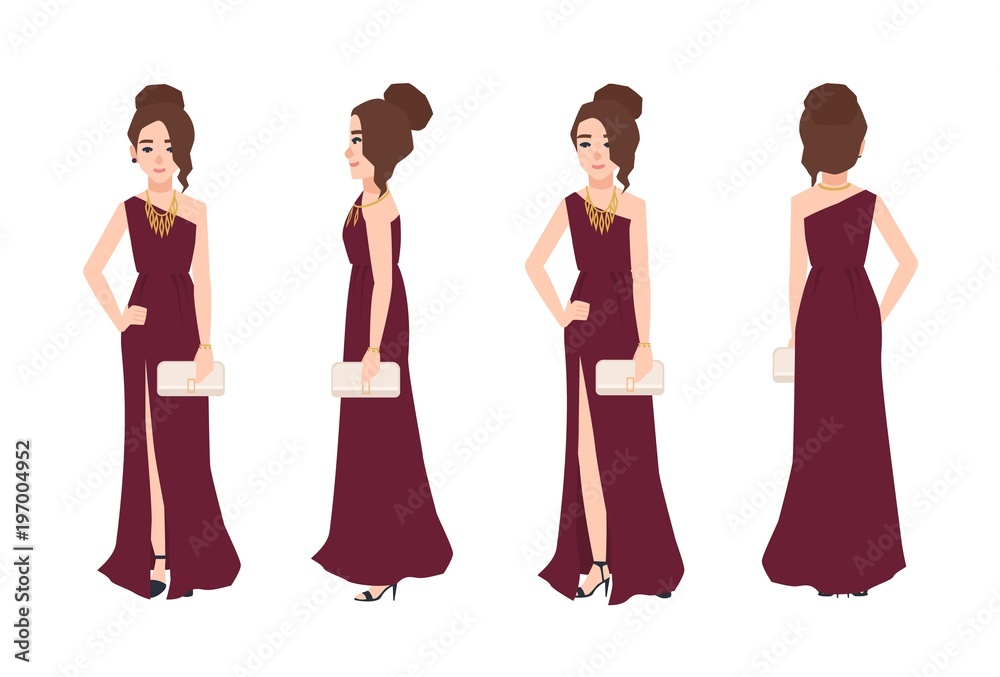Young smiling woman with elegant hairstyle wearing long one-shoulder  evening dress with split front and holding clutch bag isolated on white  background. Front, side, back views. Vector illustration. Stock-vektor |  Adobe Stock
